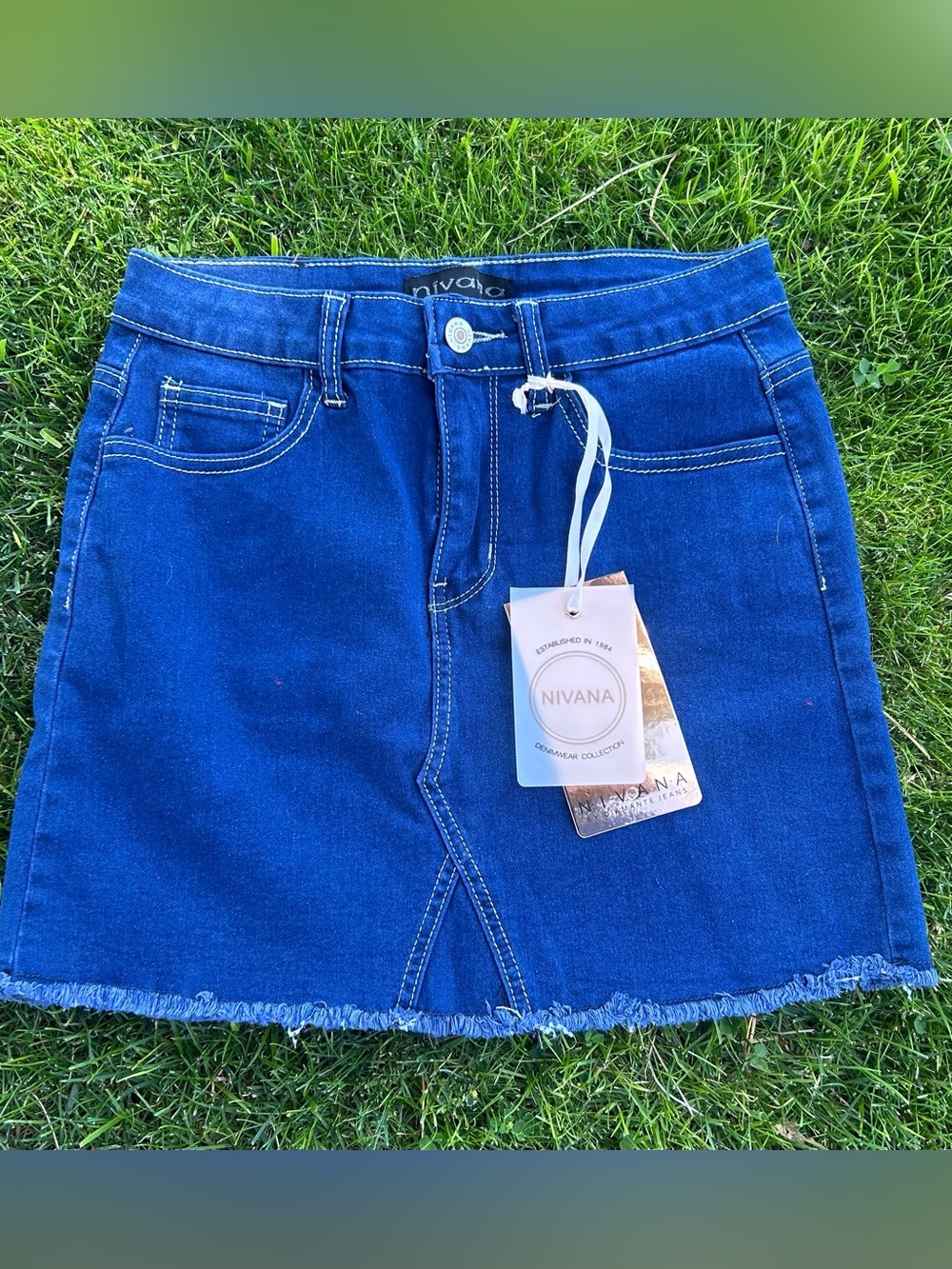 Dark Blue Denim Mini Skirt with Frayed Hem NWT